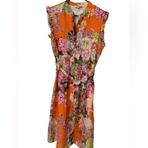 Floral Orange Buttoned Dress with Flutter Sleeves